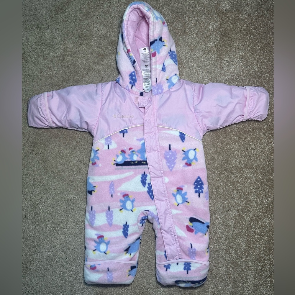 COLUMBIA PINK FLEECE PENGUIN HOODED SNOWSUIT BUNTING BABY TODDLER 12MO